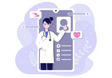 Smartphone ya da Bilgisayar Bağlı İnternet Kliniği Uygulaması yoluyla Doktor Vektör İllüstrasyonu, Tıp Danışmanlığı ve Tedavisi Online Sağlık ve Tıbbi Konsepti. Modern Düz Web İniş sayfası veya Bayrak Tasarımı