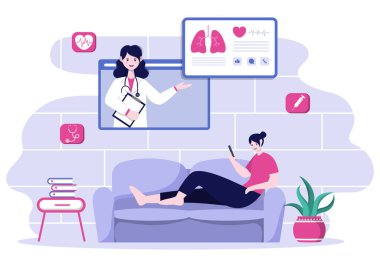 Smartphone ya da Bilgisayar Bağlı İnternet Kliniği Uygulaması yoluyla Doktor Vektör İllüstrasyonu, Tıp Danışmanlığı ve Tedavisi Online Sağlık ve Tıbbi Konsepti. Modern Düz Web İniş sayfası veya Bayrak Tasarımı