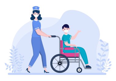 Doktor ya da Maskeli Hemşire Hastaya Yardım Ediyor Hemşire Engelli Adam 'la Tekerlekli Sandalyeyi İtiyor. Tıbbi Personel Tasarımı Konsantrasyonu