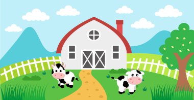 Şirin Çizgi Film Vektör İnek ve Çiftlik Kırsal Çayır Tasarımı