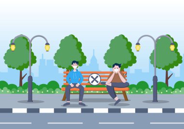 Coronavirus Hastalığı, Vektör İllüstrasyonunu Önlemek İçin Seyahat Ederken Maske Giyen ve Sosyal Mesafeli İnsanlar