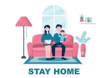 Coronavirüs 'ü önlemek için enfeksiyon riskini azaltmak amacıyla karantina ya da kendini izole etme için evde kalın. Vektör İllüstrasyonu
