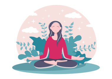 Yoga veya Meditasyon, Düşünceleri, Duyguları, Başlangıcı ve Fikirleri Kontrol Etmenin Sağlık Yararlarını Amaçlamaktadır. Düz Tasarım Vektör İllüstrasyonu