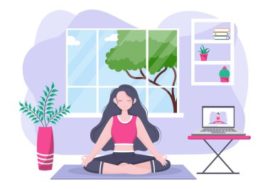 Çevrimiçi dersler, Yoga ve Meditasyon Dersleri Videoları İzleyerek, Canlı Yayın, İnternet Eğitimi Bilgisayarınızda veya Telefonunuzda. Vektör İllüstrasyonu