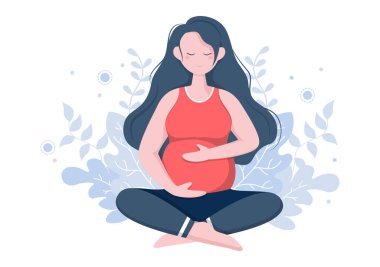 Yoga yapan hamile kadın rahatlatıcı, meditasyon, denge egzersizleri ve esneme hareketleri yapıyor. Düz Tasarım Vektör İllüstrasyonu