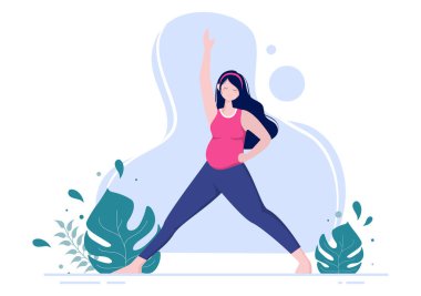 Yoga yapan hamile kadın rahatlatıcı, meditasyon, denge egzersizleri ve esneme hareketleri yapıyor. Düz Tasarım Vektör İllüstrasyonu