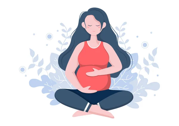 Kobieta Ciąży Uprawia Jogę Stwarza Relaks Medytacja Równowaga Ćwiczenia Rozciąganie — Wektor stockowy