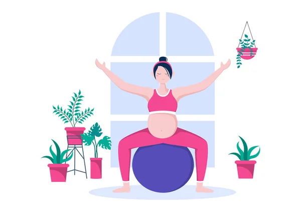 Donna Incinta Che Yoga Posa Con Rilassamento Meditazione Esercizi Equilibrio — Vettoriale Stock