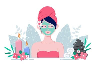 Güzellik Salonu 'nda Masaj Vektörü İllüstrasyonu, Vücut Spa' sı, Rahatlama, Yüz Gerekli ve Cilt Bakımı. Düz Tasarım