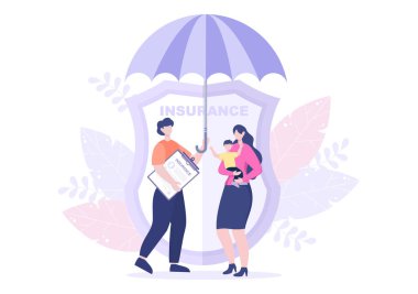 Aile Sigortası Konsepti Şemsiye Kalkanı Bakım, Güvenlik, Güvenlik ve Koruma. Vektör Düz Tasarım Çizimi