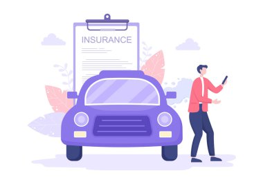 Araba sigortası kavramı araç hasarı ve acil durum riskleri için koruma olarak kullanılabilir. Vektör Düz Tasarım Çizimi