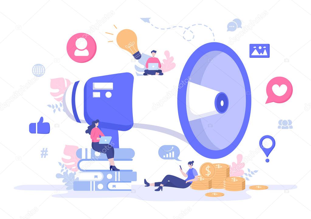 Social Media Marketing Illustration For Advertising Online Service Platform, Online Course, Analytic, Ad Management Software, Website Design