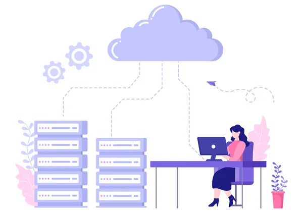 Computer Cloud Server Hosting Illustrazione Archiviazione Della Tecnologia Trasmissione Dei — Vettoriale Stock