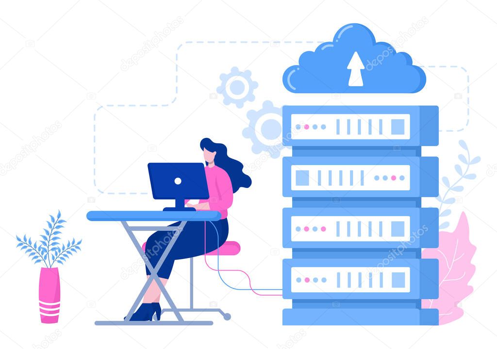 Computer Cloud Server Hosting Storage Illustration Of Data Transmission Technology and Protection With Administrator or Developer Team Design