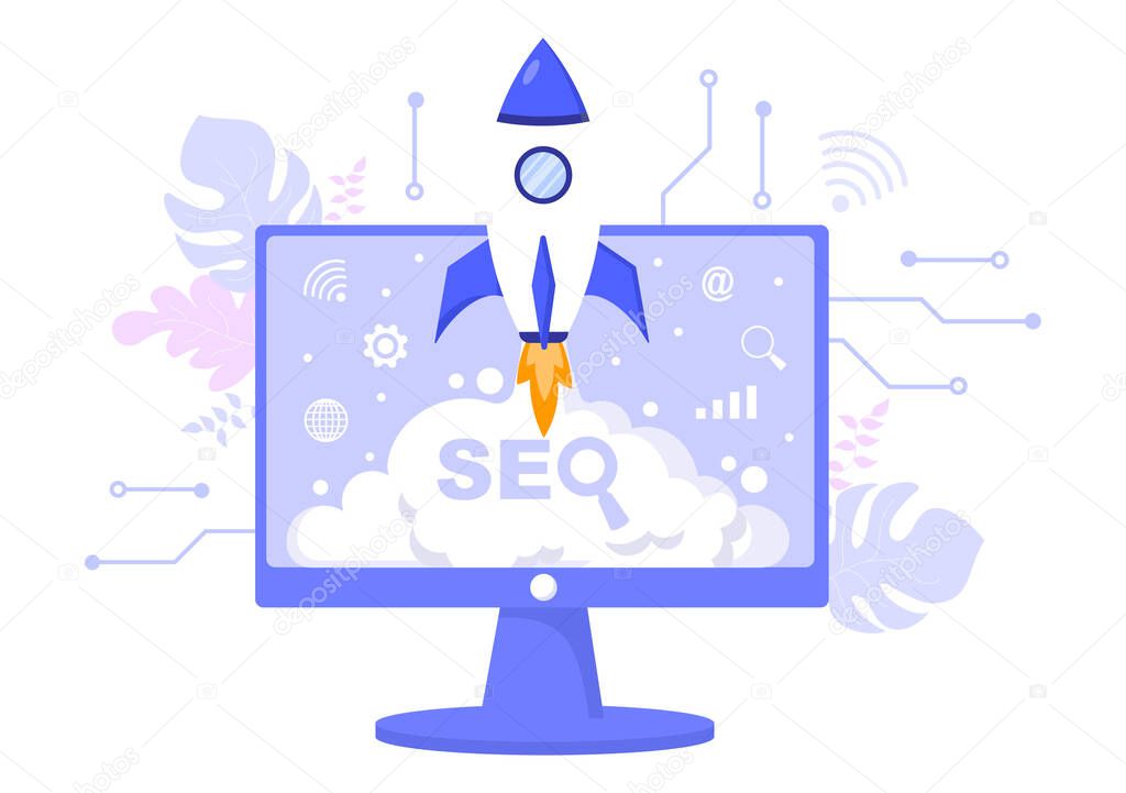 SEO Optimization Vector Illustration To Search Engine, App Development, Web Pages and Bookmarks. Landing Page or Banner Template