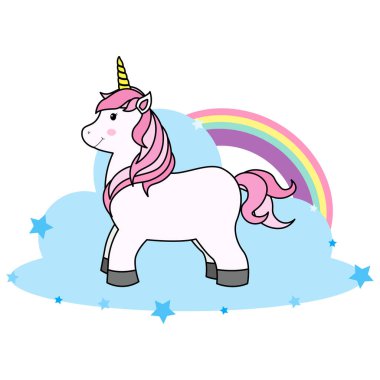 Bulut ve Gökkuşağı Üzerine Tatlı Çizgi Roman Yazdırma Tişörtü ya da Çıkartma, Duvar Kağıdı Arkaplanı ve Çocuklar için El Çizimi Çizimi