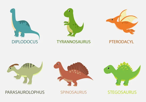 Cute Dinosaurs Cartoon Characters Illustration Spinosaurus Parasaurolophus Stegosaurus Tyrannosaurus Pterodactyl — стоковий вектор