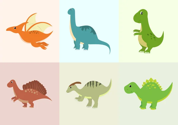 Cute Dinosaurs Cartoon Characters Illustration Spinosaurus Parasaurolophus Stegosaurus Tyrannosaurus Pterodactyl — стоковий вектор