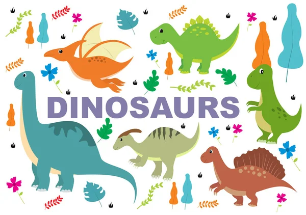 Roztomilé Dinosauři Cartoon Znaky Ilustrace Jako Spinosaurus Parasaurolophus Stegosaurus Tyrannosaurus — Stockový vektor