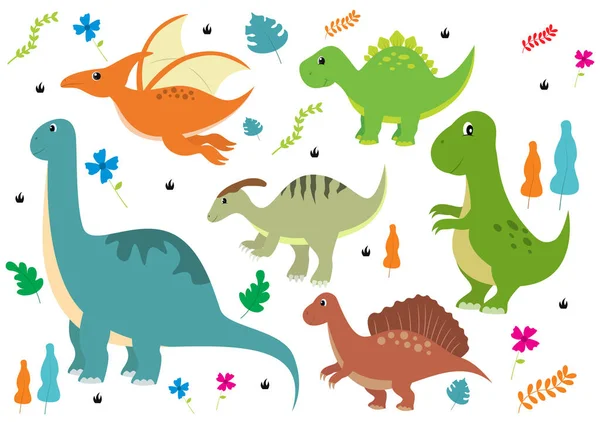 Cute Dinosaurs Cartoon Characters Illustration Spinosaurus Parasaurolophus Stegosaurus Tyrannosaurus Pterodactyl — стоковий вектор