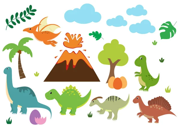 Cute Dinosaurs Cartoon Characters Illustration Spinosaurus Parasaurolophus Stegosaurus Tyrannosaurus Pterodactyl — стоковий вектор
