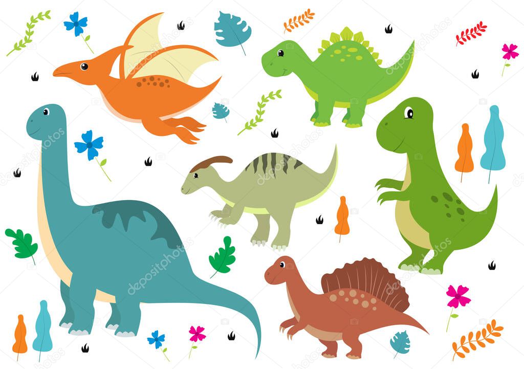 Cute Dinosaurs Cartoon Characters Illustration as Spinosaurus, Parasaurolophus, Stegosaurus, Tyrannosaurus, Pterodactyl, and Diplodocus. Wallpaper Background Template