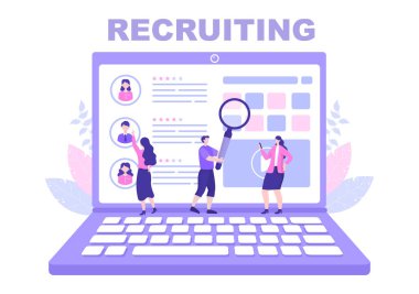 Web İniş Sayfası, Banner, Arkaplan, Sunum veya Sosyal Medya için İş Bulma ve Çevrimiçi İşe Alma. Vektör İllüstrasyonu