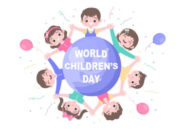 Poster, tebrik kartı, duvar kâğıdı arkaplan, pankart ve iniş sayfası için çizgi film karakteri illüstrasyonuyla mutlu çocuk günü kutlamaları.