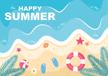 Sahilde Mutlu Yaz Saati Arkaplan, Duvar Kağıdı veya Sancaklar İçin Deniz Kenarı Vektör İllüstrasyonu