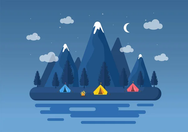산에서 캠프를 행복하게 삽화의 — 스톡 벡터