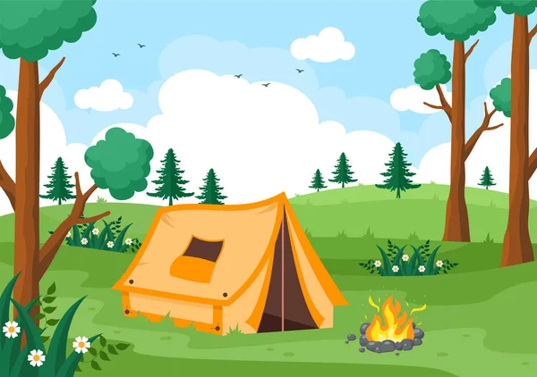 산에서 캠프를 행복하게 삽화의 — 스톡 벡터
