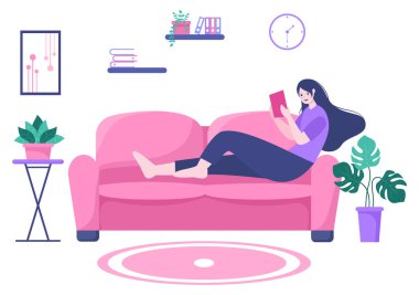 Karakter İnsanlar Bilgi ve Kavrayışı Artırmak için Bir Oda Vektörü İllüzyonlarında Kitaplar Okur. Düz Tasarım