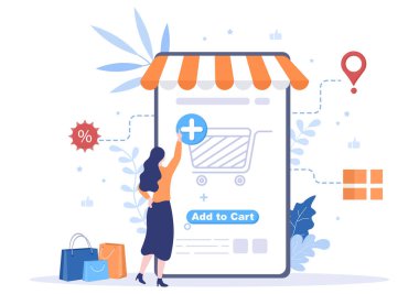 Cart Vector İllüstrasyonuna Liste Ürünleri, Araba ve Alışveriş Malzemeleri Resimlerini Ekle. İniş Sayfası Şablonu