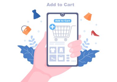 Cart Vector İllüstrasyonuna Liste Ürünleri, Araba ve Alışveriş Malzemeleri Resimlerini Ekle. İniş Sayfası Şablonu
