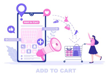 Cart Vector İllüstrasyonuna Liste Ürünleri, Araba ve Alışveriş Malzemeleri Resimlerini Ekle. İniş Sayfası Şablonu