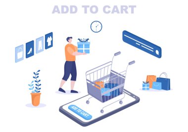Cart Vector İllüstrasyonuna Liste Ürünleri, Araba ve Alışveriş Malzemeleri Resimlerini Ekle. İniş Sayfası Şablonu