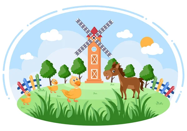 Animales Granja Dibujos Animados Lindos Vector Ilustración Con Vaca Caballo — Vector de stock