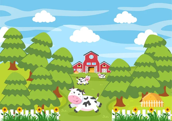 Carino Cartone Animato Fattoria Animali Vettoriale Illustrazione Con Mucca Cavallo — Vettoriale Stock