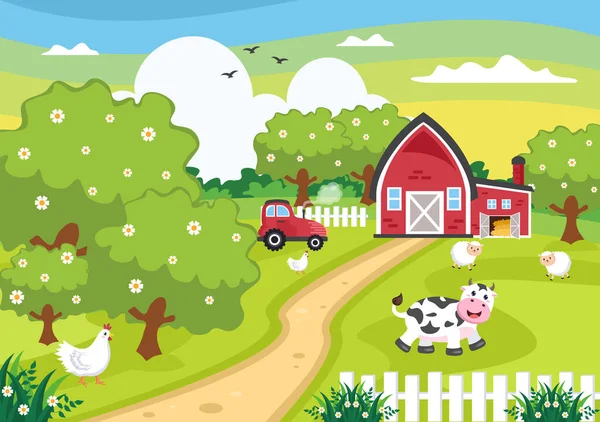 Carino Cartone Animato Fattoria Animali Vettoriale Illustrazione Con Mucca Cavallo — Vettoriale Stock