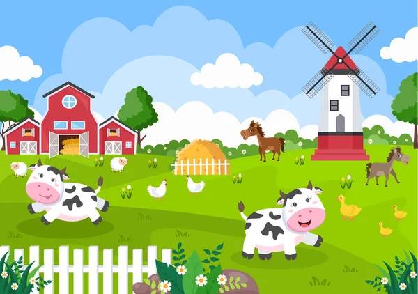 Animales Granja Dibujos Animados Lindos Vector Ilustración Con Vaca Caballo — Vector de stock