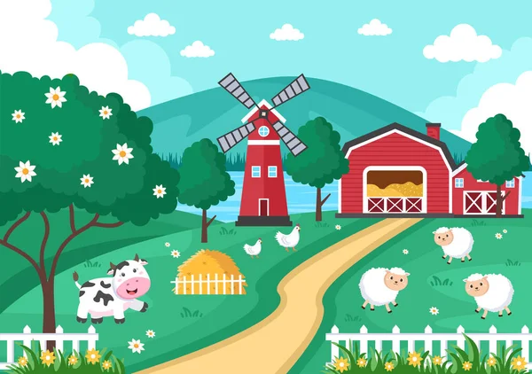 Aranyos Rajzfilm Farm Állatok Vektor Illusztráció Tehén Csirke Kacsa Vagy — Stock Vector