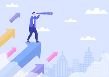 Kariyer başarısı yolunda dürbün tutarak iş vizyonu ve hedefi. Vektör İllüstrasyonu