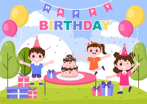 祝你生日快乐与气球 礼物和蛋糕一起庆祝生日 制作卡片 邀请函 相框及背景资料 — 图库矢量图片