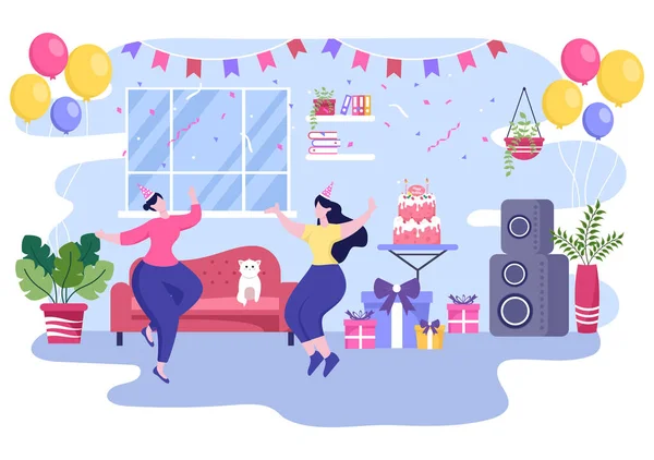 Happy Birthday Party Celebrating Illustration Balloon Hats Confetti Gift Cake — Stock Vector