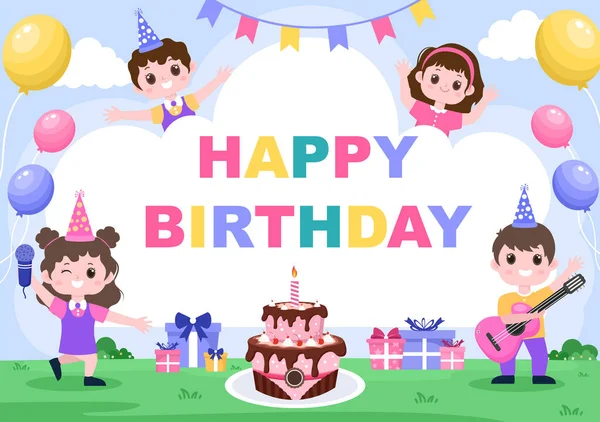 祝你生日快乐与气球 礼物和蛋糕一起庆祝生日 制作卡片 邀请函 相框及背景资料 — 图库矢量图片