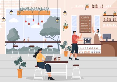 Oturan, kahve içen, dizüstü bilgisayarda çalışan, sohbet eden ve tezgahta duran insanların görüntüsü olan Cafe Illustration.