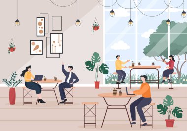 Oturan, kahve içen, dizüstü bilgisayarda çalışan, sohbet eden ve tezgahta duran insanların görüntüsü olan Cafe Illustration.