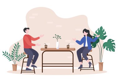 Oturan, kahve içen, dizüstü bilgisayarda çalışan, sohbet eden ve tezgahta duran insanların görüntüsü olan Cafe Illustration.