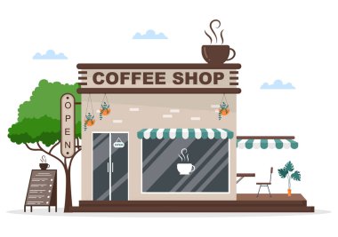 Kafe ya da Kafe Tablosu Açık Tahta, Ağaç ve İnşaat Dükkanı Dış görünüşlü. Düz Tasarım Konsepti