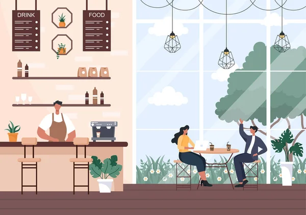 Cafe Illustration Avec Vue Des Personnes Assis Boire Café Travailler — Image vectorielle